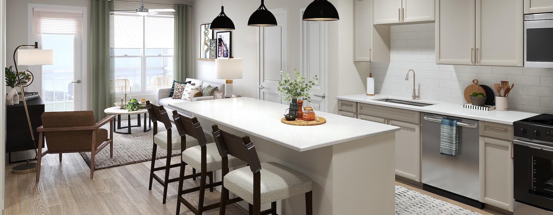 a kitchen with a dining table and chairs