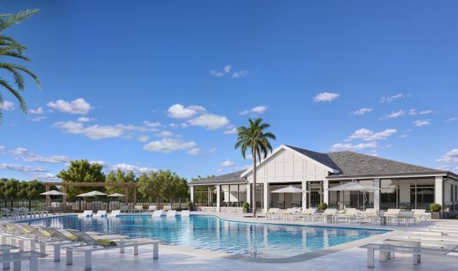 a swimming pool in front of a house