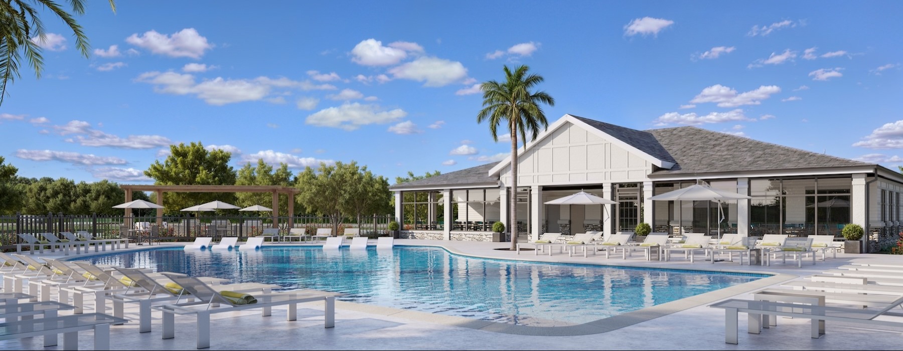 a swimming pool in front of a house