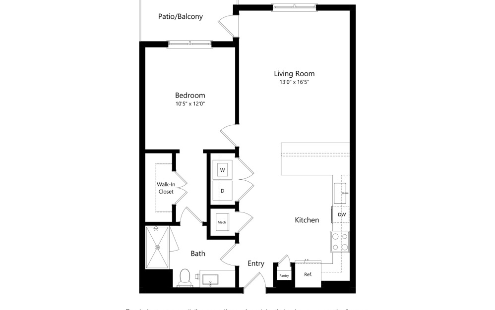 Ashford Type 'A' - 1 bedroom floorplan layout with 1 bathroom and 774 square feet (2D)