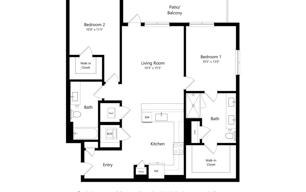 Broughton - 2 bedroom floorplan layout with 2 bathrooms and 1130 square feet (2D)