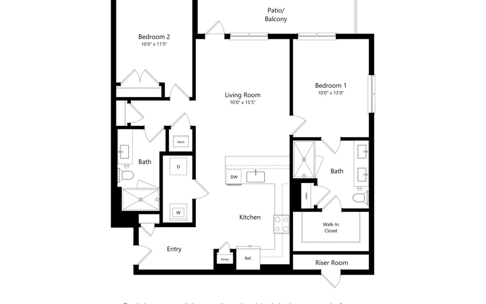 Broughton - ALT - 2 bedroom floorplan layout with 2 bathrooms and 1136 square feet (2D)