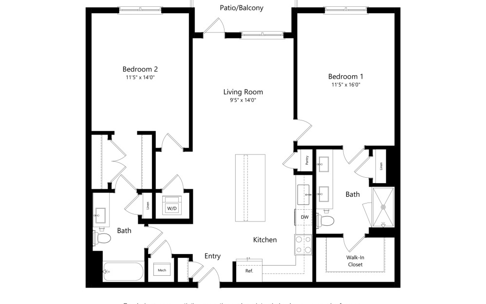 Bay - 2 bedroom floorplan layout with 2 bathrooms and 1190 square feet (2D)