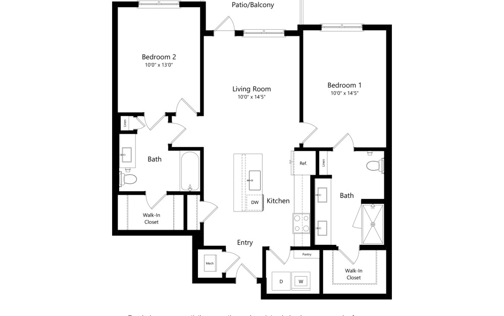 Buckeye - 2 bedroom floorplan layout with 2 bathrooms and 1035 square feet (2D)