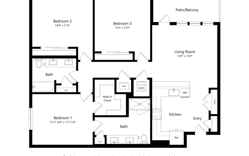 Cypress - 3 bedroom floorplan layout with 2 bathrooms and 1372 square feet (2D)