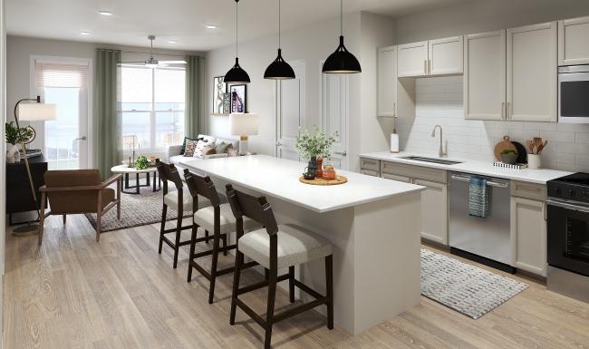 a kitchen with a dining table and chairs